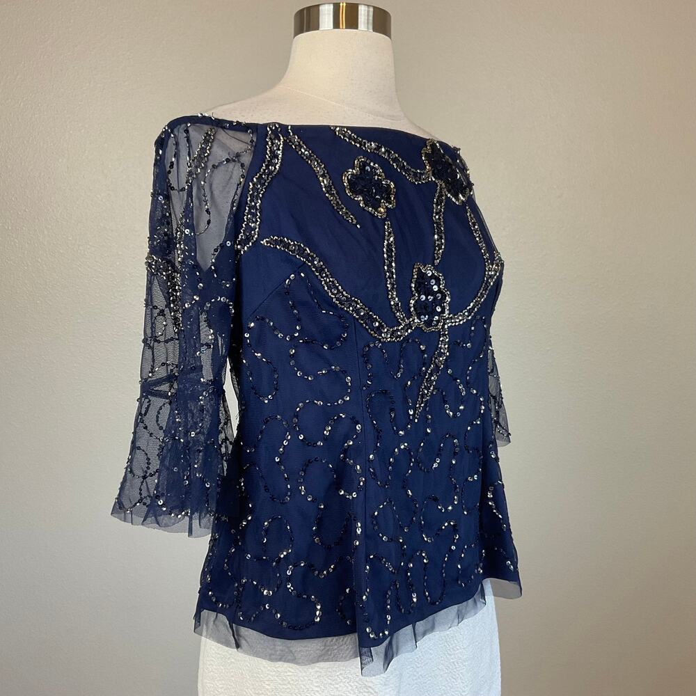 Adrianna Papell Blue Blouse Beaded Off the Shoulder Chiffon Long Sleeve Size 8 - Picture 3 of 10